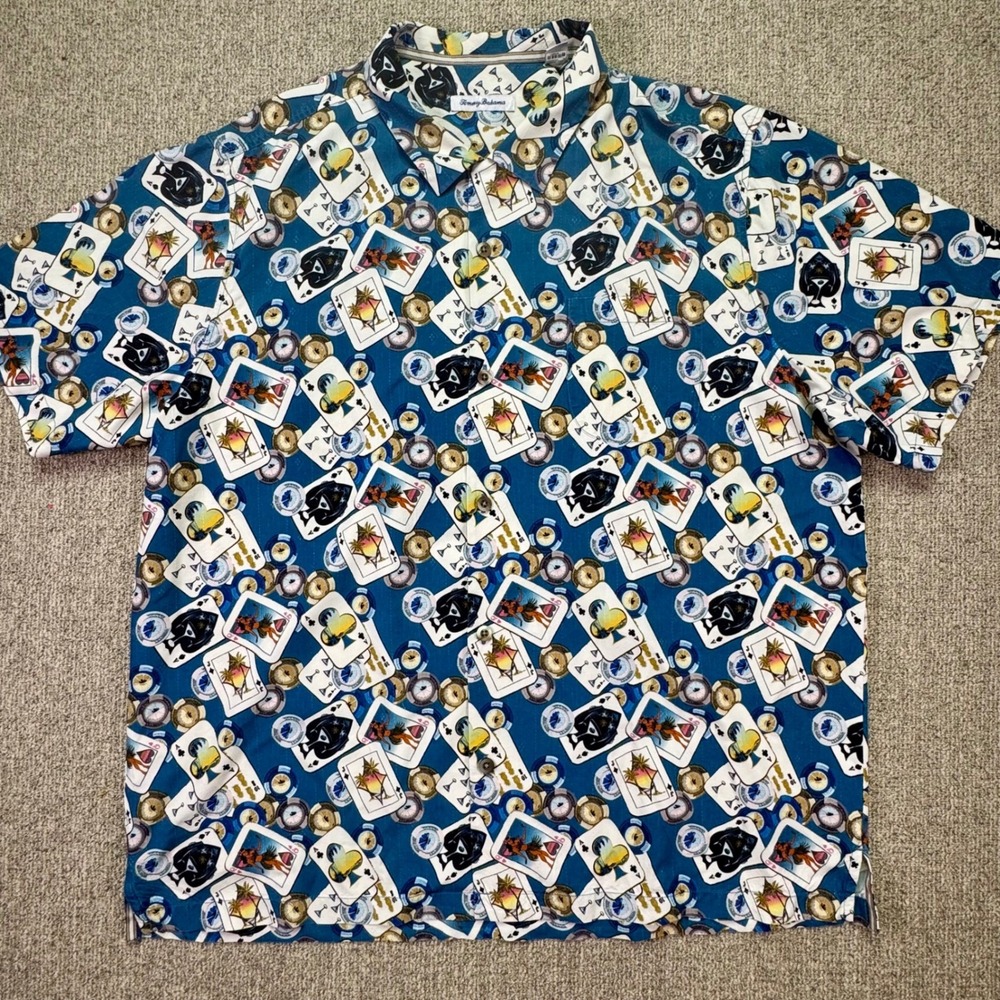 Tommy Bahama Full House Silk Camp Shirt XXL Playing Cards‎ Hula Girl Aloha NWOT